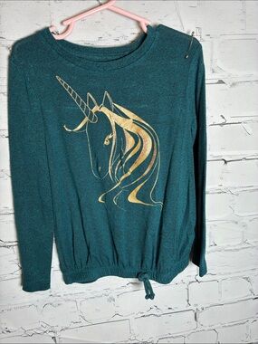 Cat & Jack Teal Long Sleeve Top with Gold Unicorn Graphic